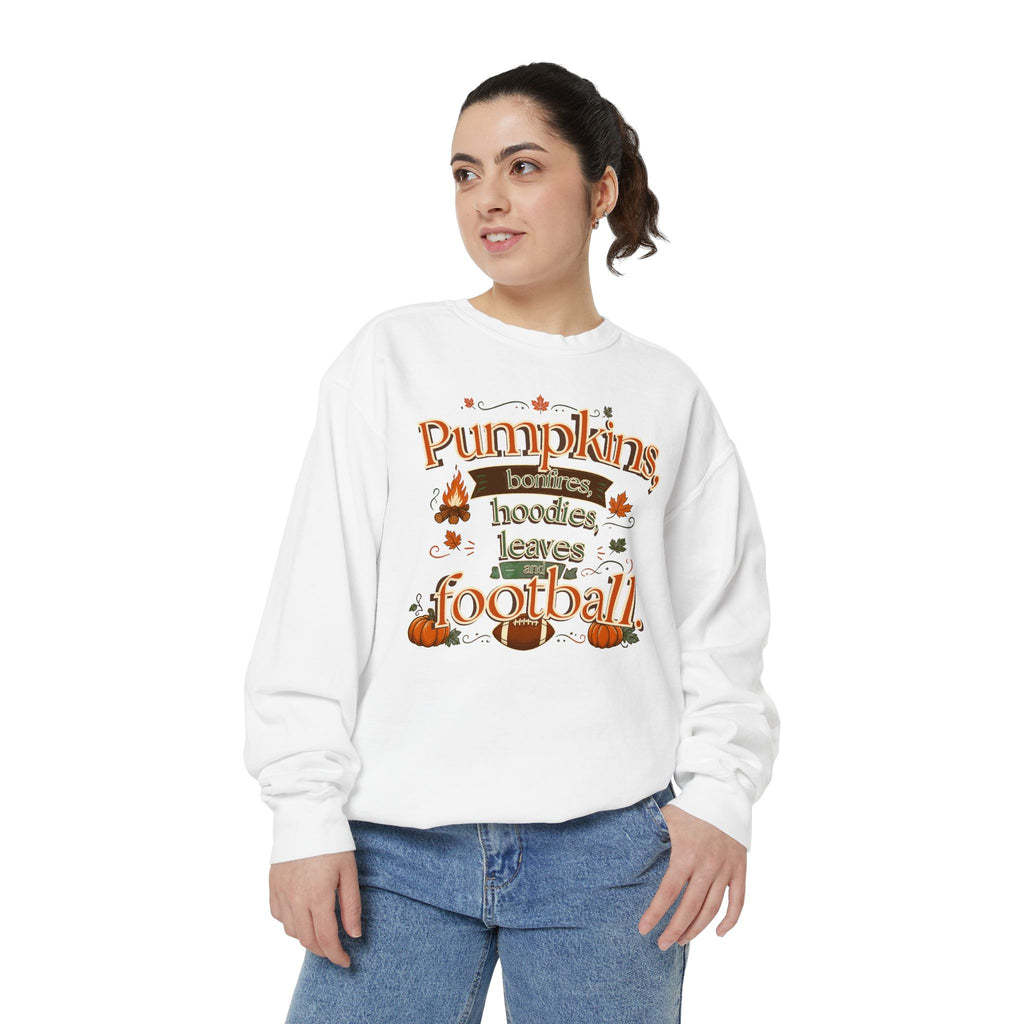 Fall Sweatshirt – "Pumpkins, Bonfires, Hoodies, Leaves, Football" Cozy Autumn Pullover