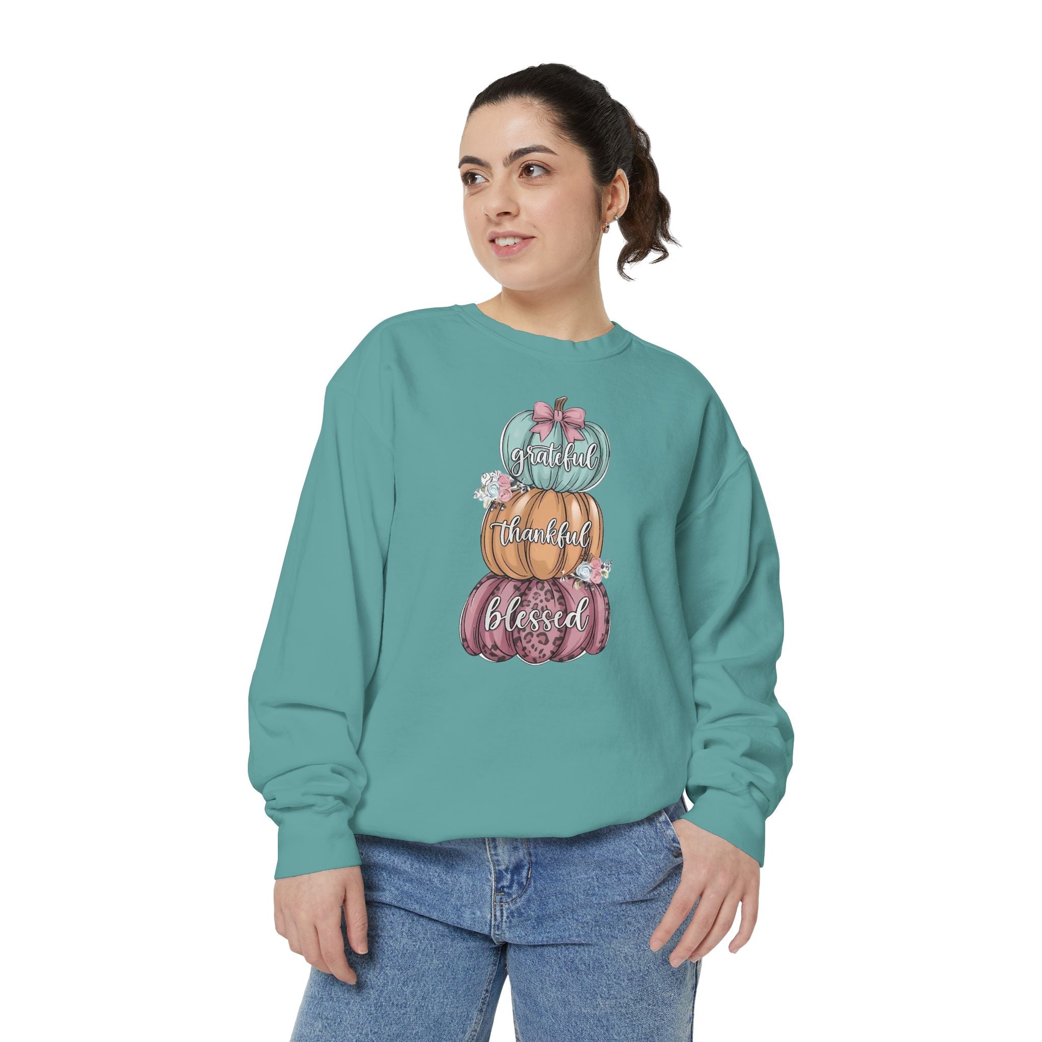 Pumpkin Stack Sweatshirt — Grateful, Thankful, Blessed