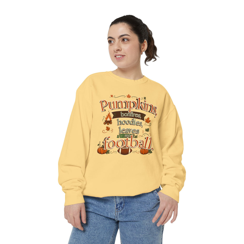 Fall Sweatshirt – "Pumpkins, Bonfires, Hoodies, Leaves, Football" Cozy Autumn Pullover