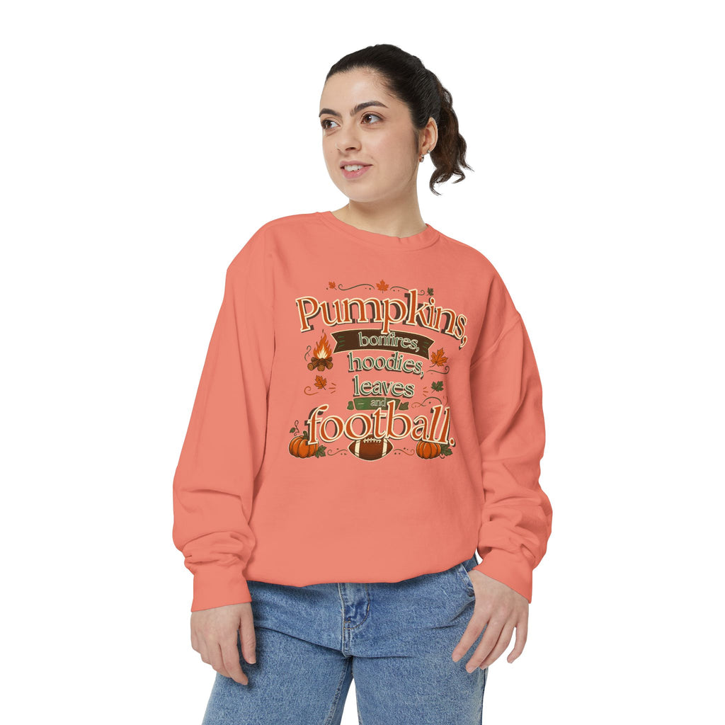 Fall Sweatshirt – "Pumpkins, Bonfires, Hoodies, Leaves, Football" Cozy Autumn Pullover
