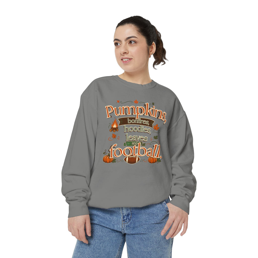 Fall Sweatshirt – "Pumpkins, Bonfires, Hoodies, Leaves, Football" Cozy Autumn Pullover