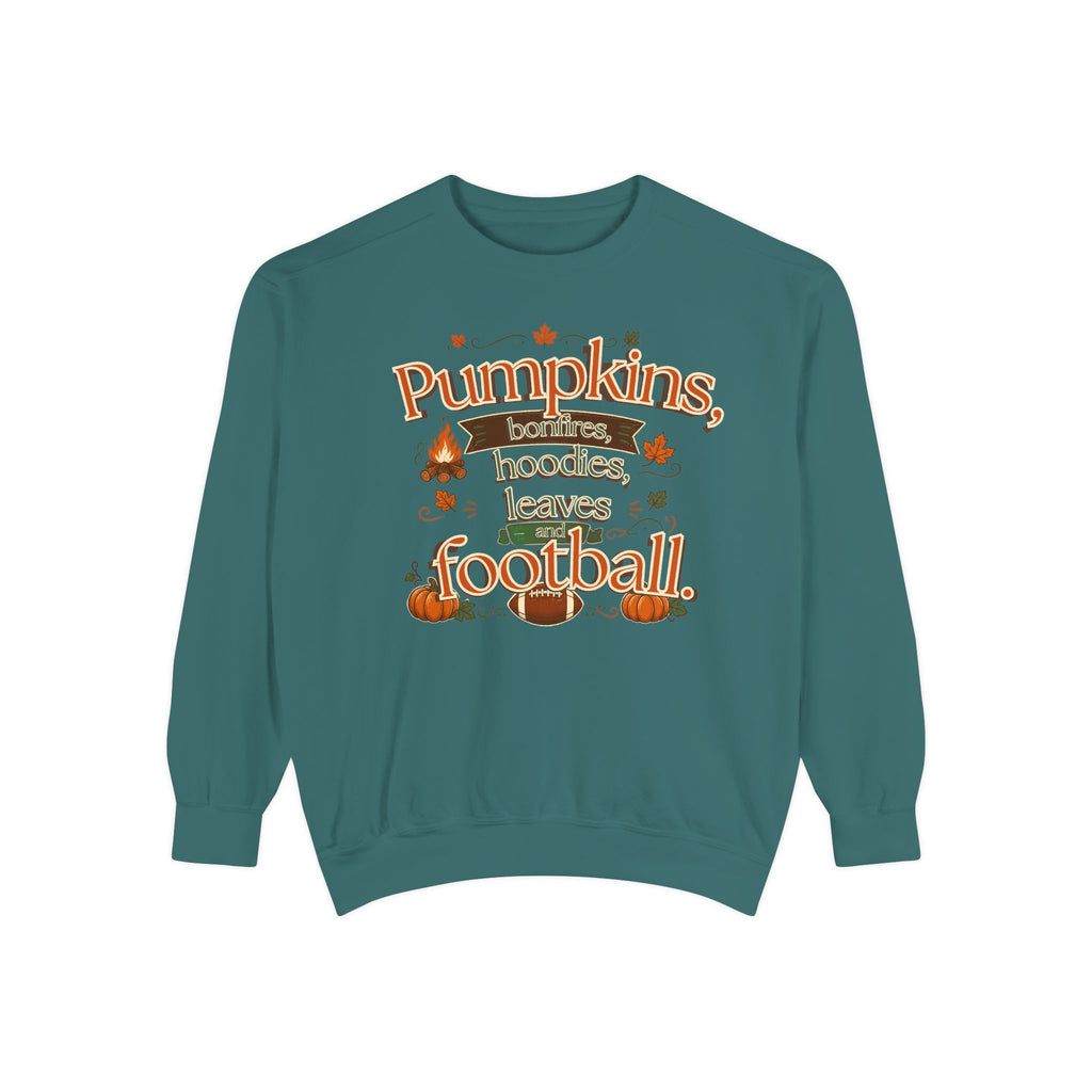 Fall Sweatshirt – "Pumpkins, Bonfires, Hoodies, Leaves, Football" Cozy Autumn Pullover