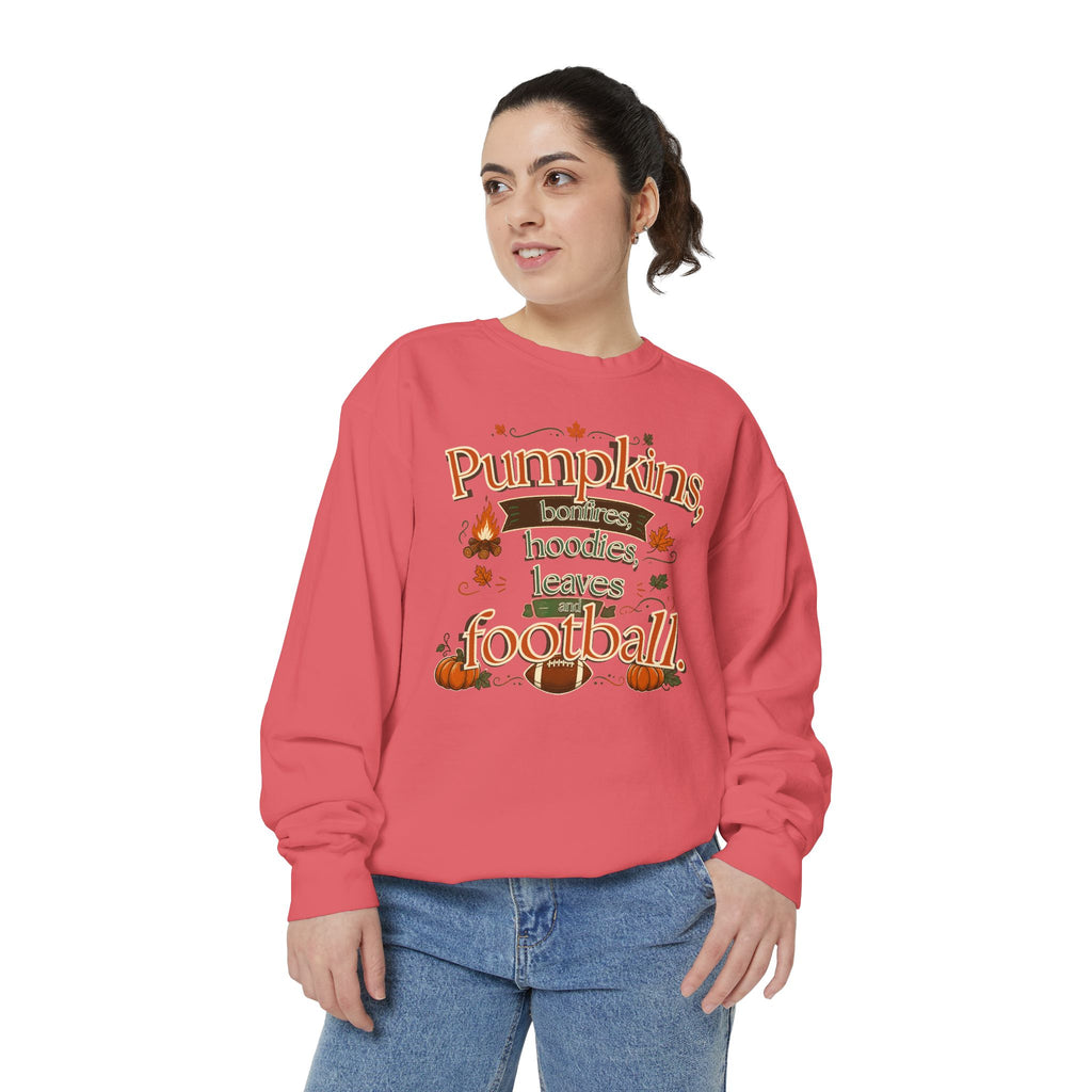 Fall Sweatshirt – "Pumpkins, Bonfires, Hoodies, Leaves, Football" Cozy Autumn Pullover