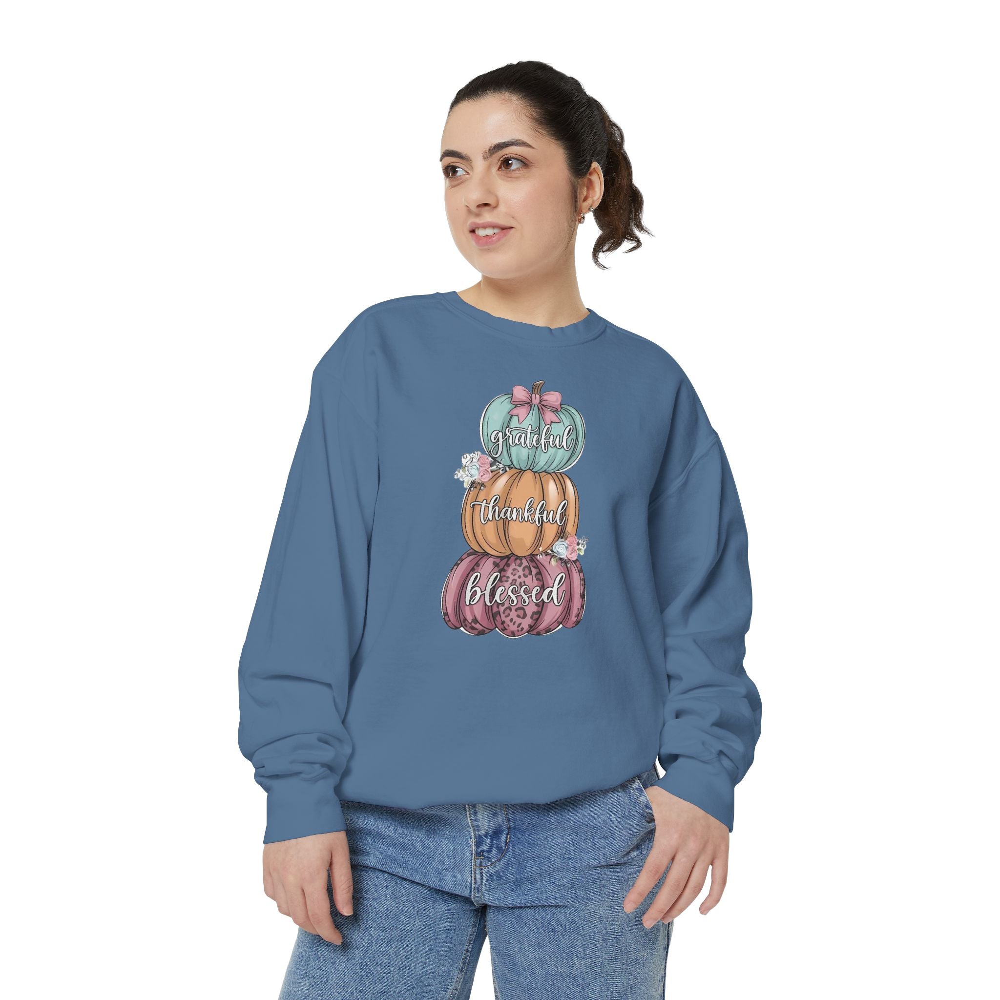 Pumpkin Stack Sweatshirt — Grateful, Thankful, Blessed