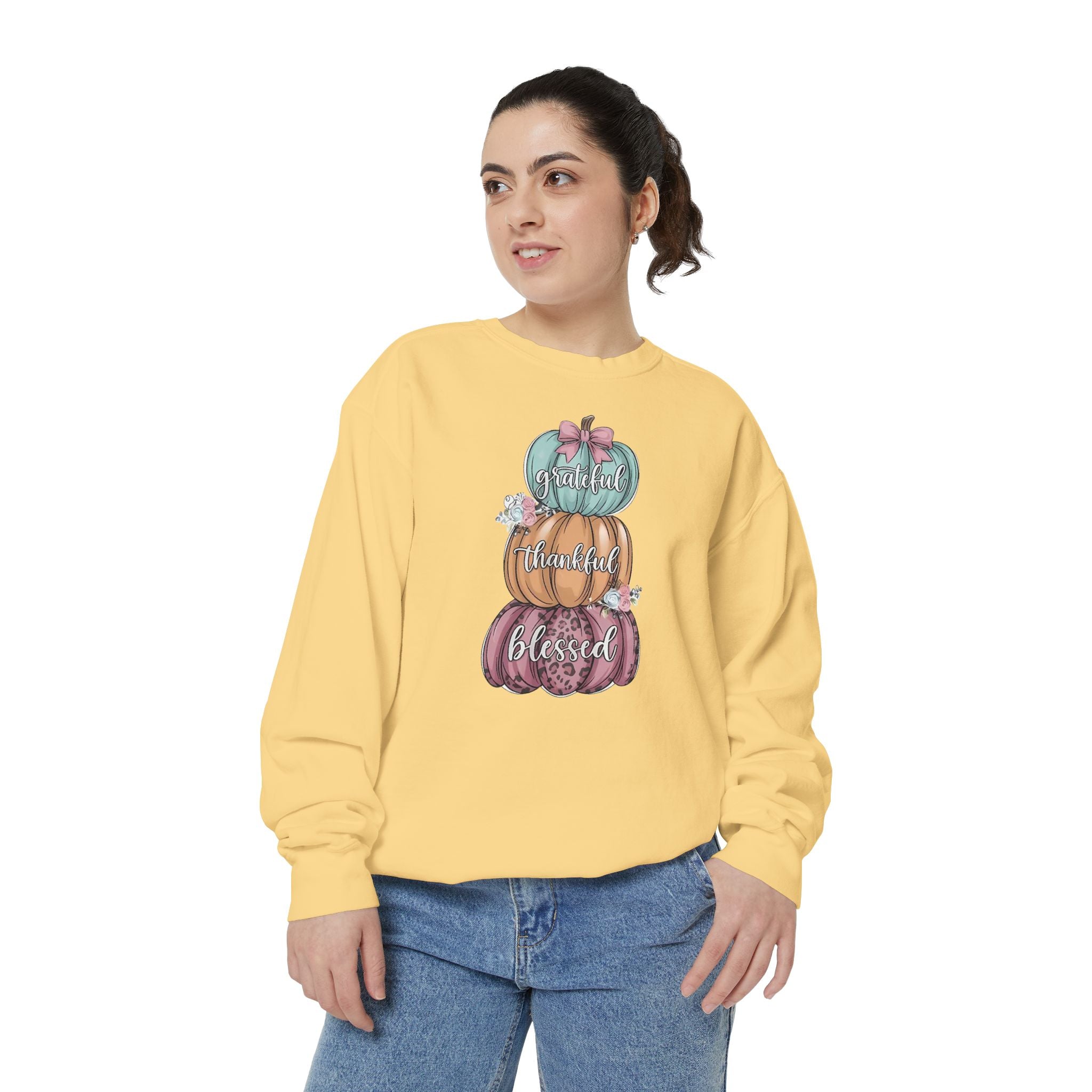 Pumpkin Stack Sweatshirt — Grateful, Thankful, Blessed