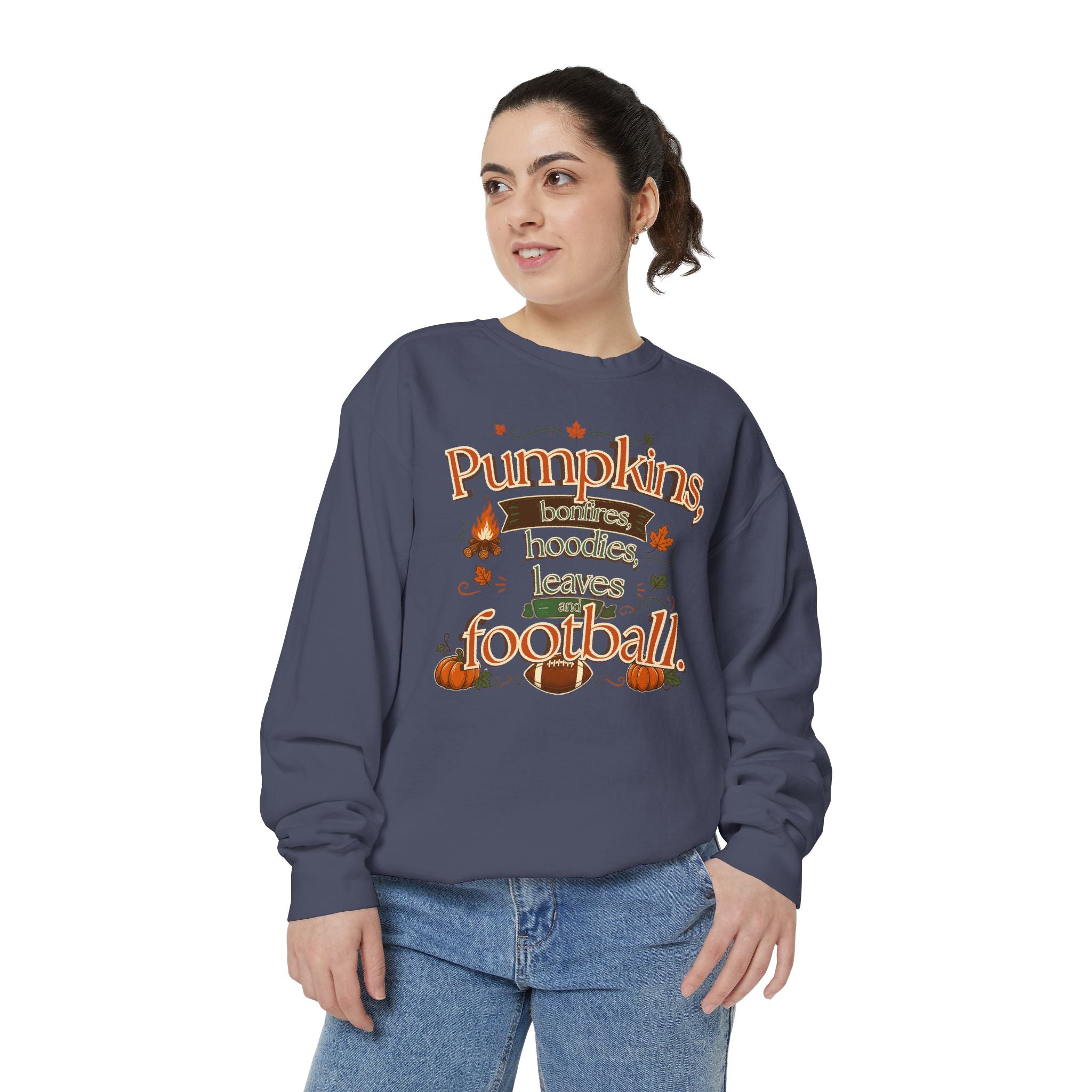 Fall Sweatshirt – "Pumpkins, Bonfires, Hoodies, Leaves, Football" Cozy Autumn Pullover