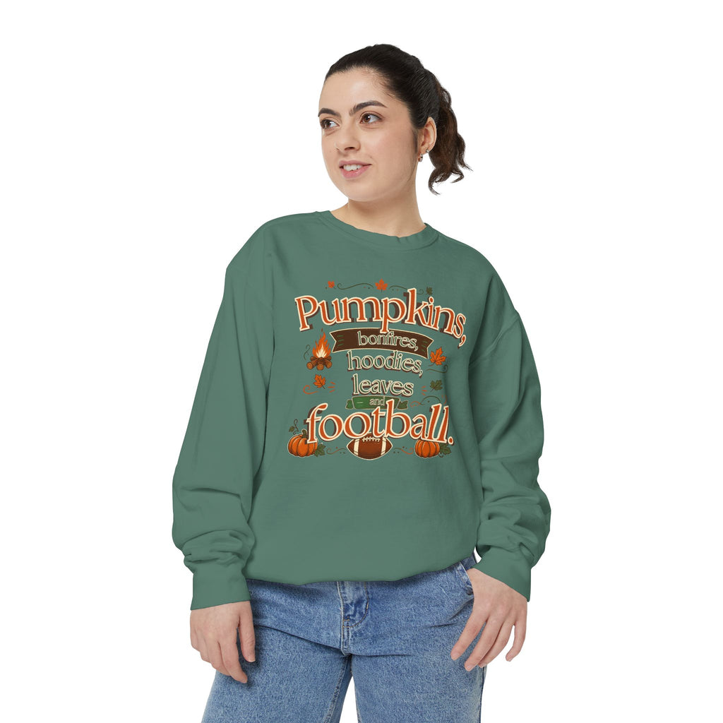 Fall Sweatshirt – "Pumpkins, Bonfires, Hoodies, Leaves, Football" Cozy Autumn Pullover