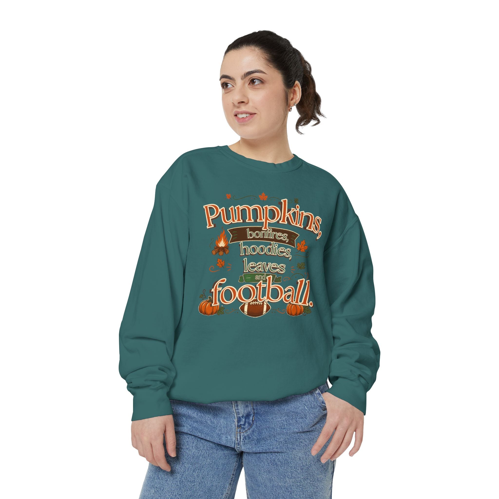 Fall Sweatshirt – "Pumpkins, Bonfires, Hoodies, Leaves, Football" Cozy Autumn Pullover