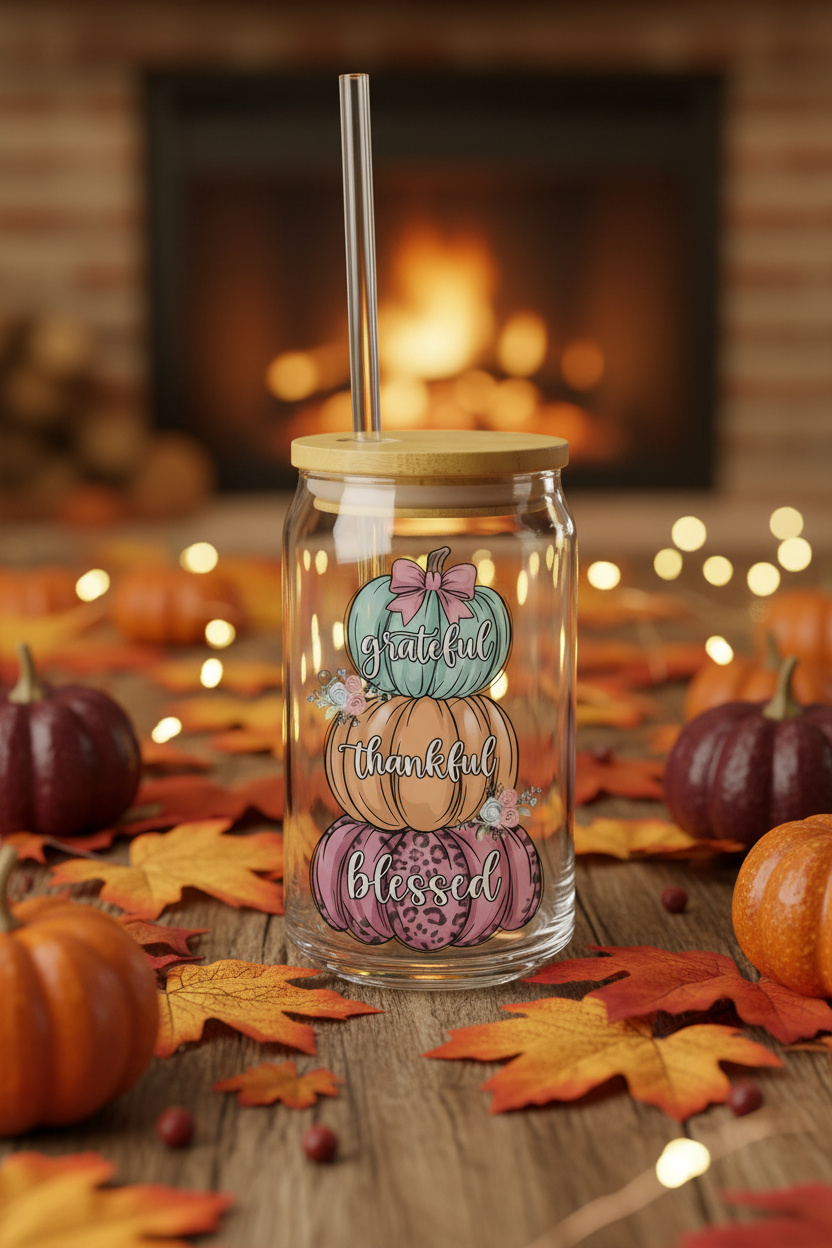 Stacked Pastel Pumpkins 'Grateful Thankful Blessed'-16oz Sipper Glass