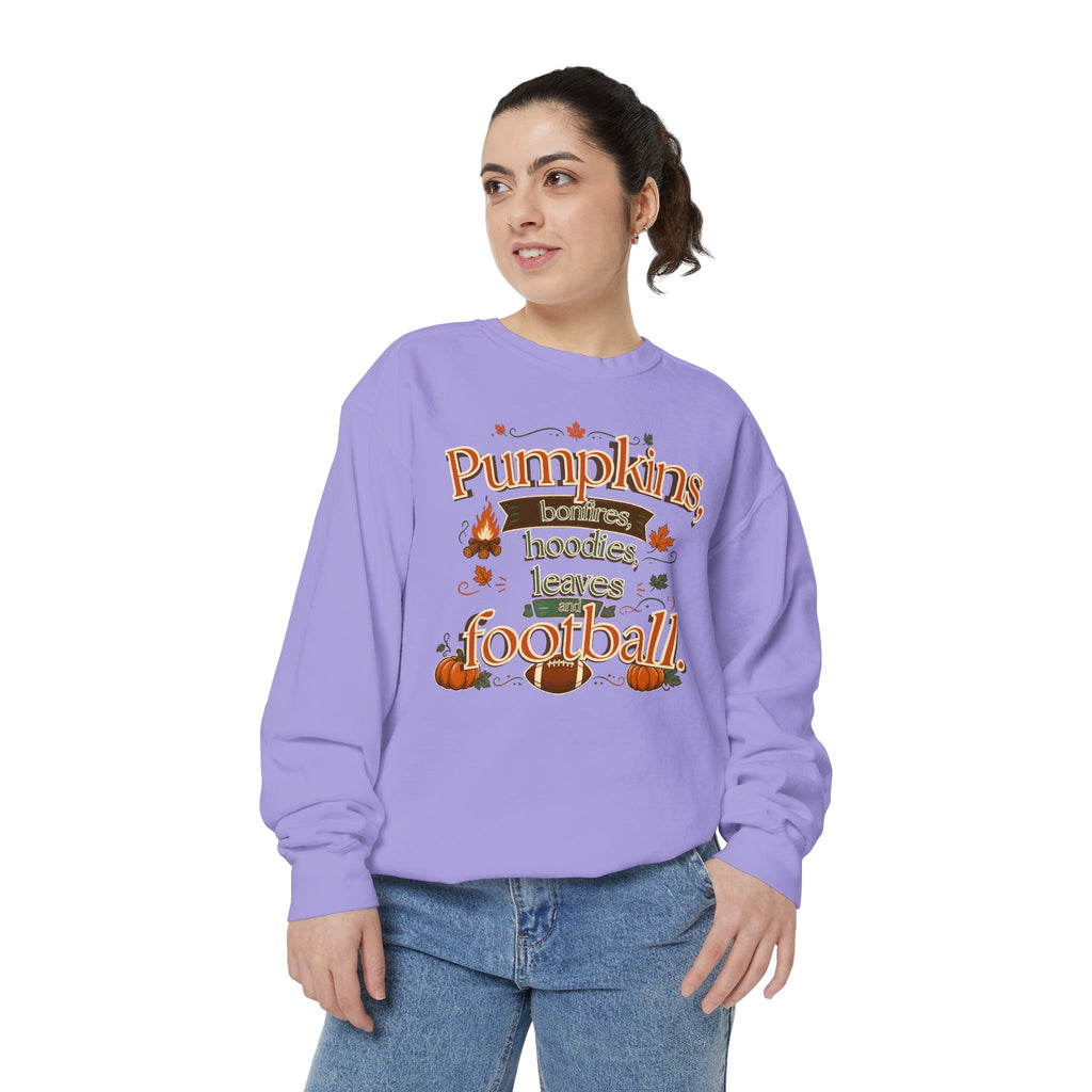 Fall Sweatshirt – "Pumpkins, Bonfires, Hoodies, Leaves, Football" Cozy Autumn Pullover
