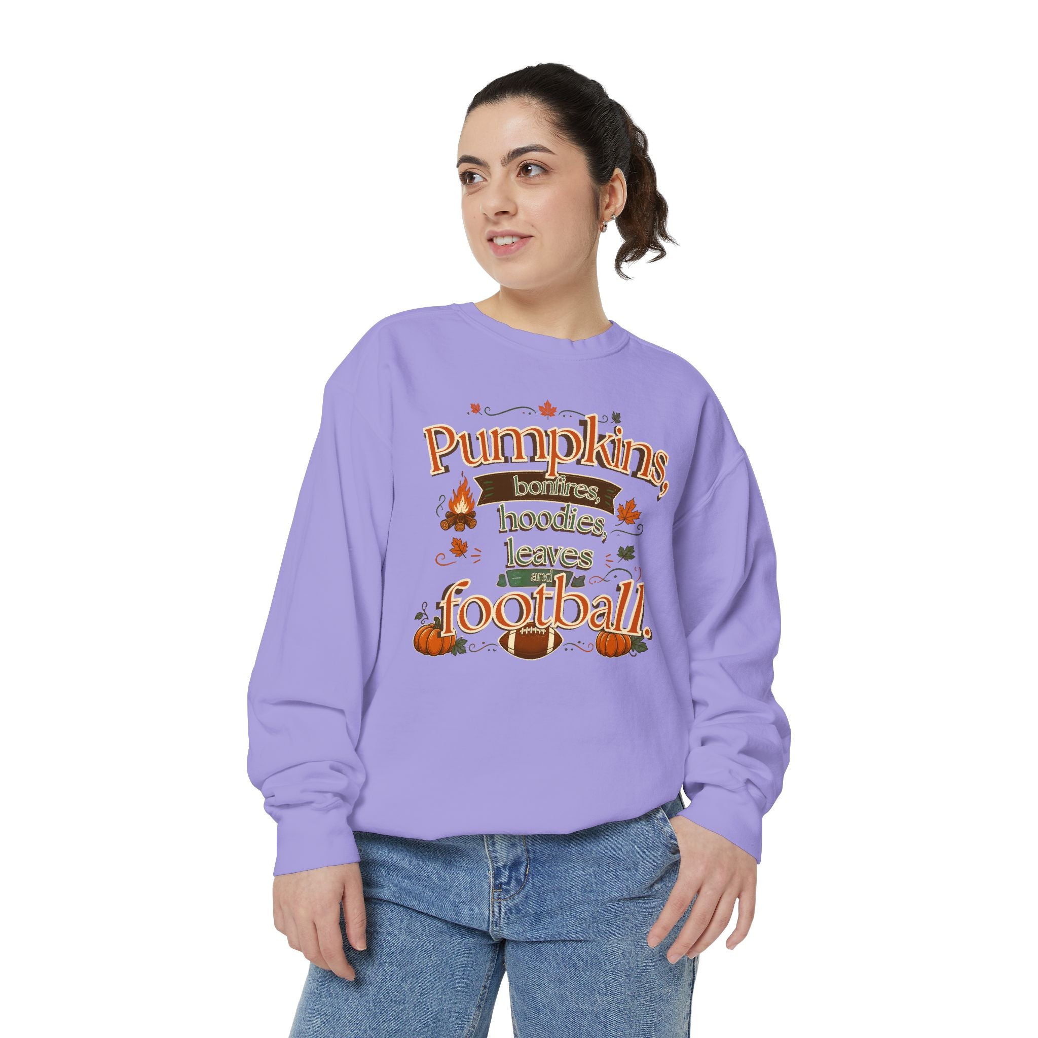 Fall Sweatshirt – "Pumpkins, Bonfires, Hoodies, Leaves, Football" Cozy Autumn Pullover