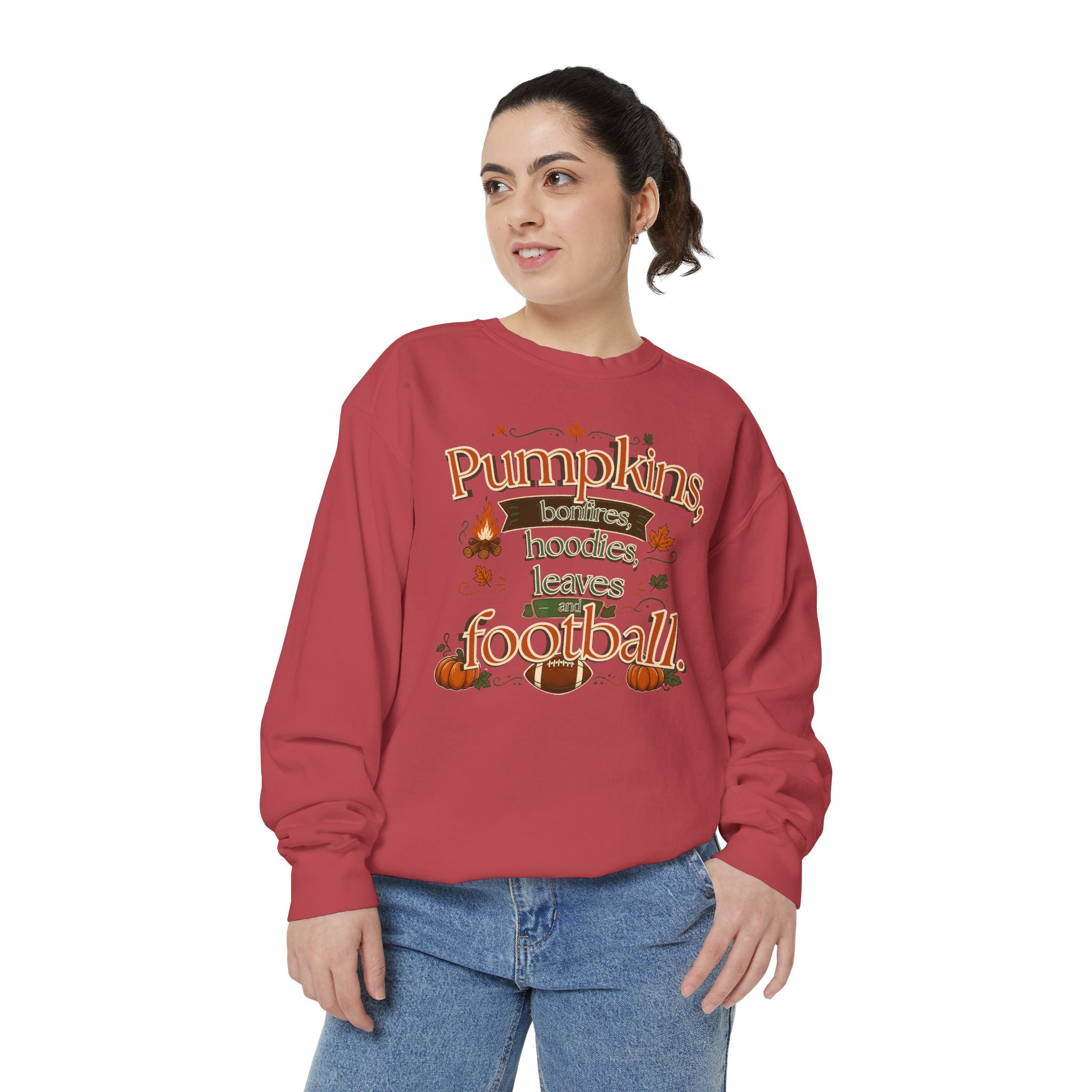 Fall Sweatshirt – "Pumpkins, Bonfires, Hoodies, Leaves, Football" Cozy Autumn Pullover
