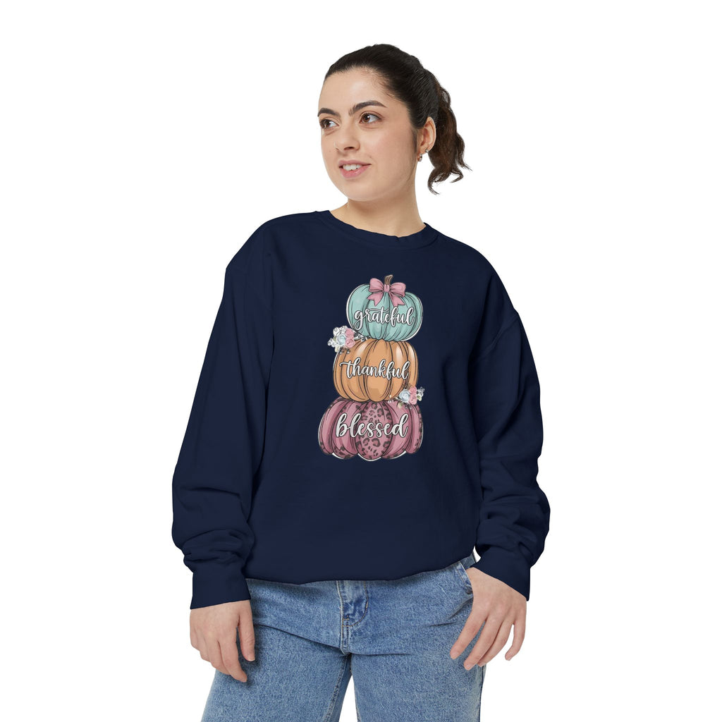 Pumpkin Stack Sweatshirt — Grateful, Thankful, Blessed