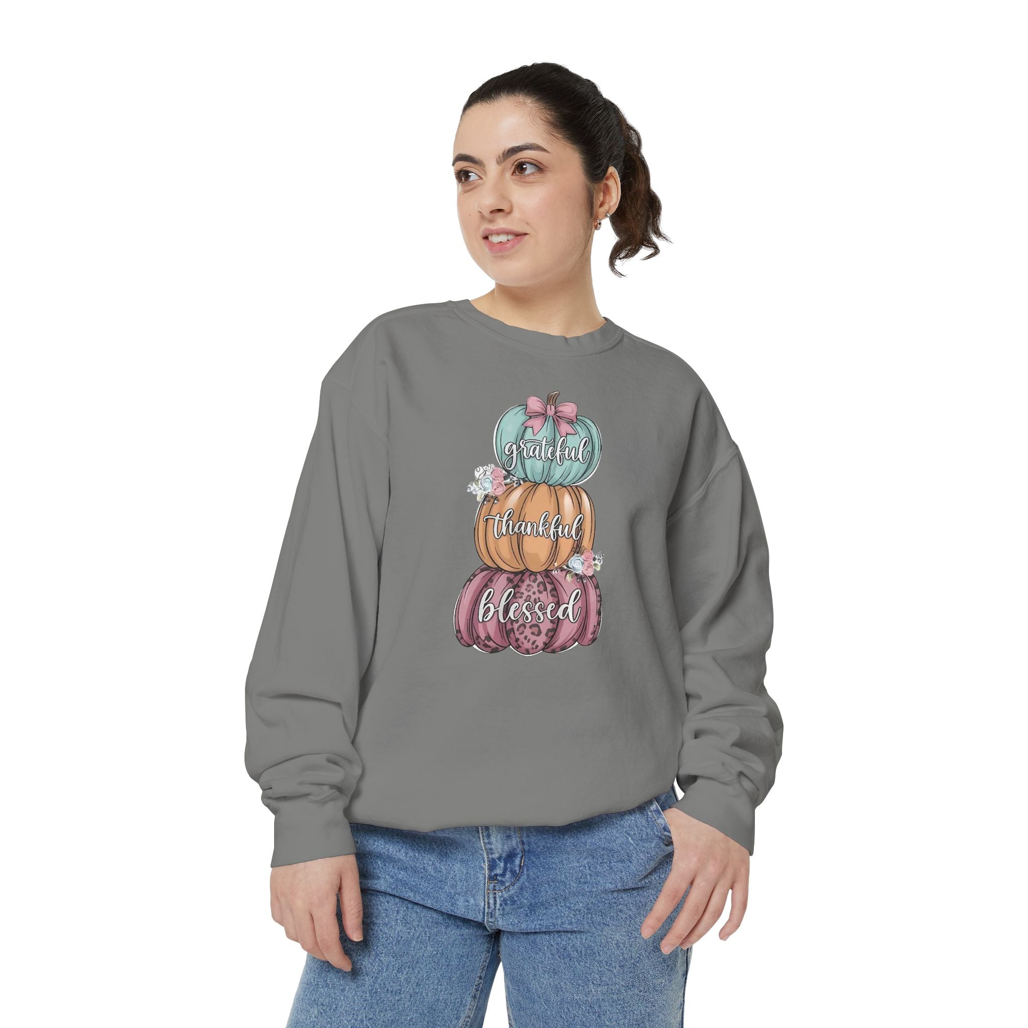 Pumpkin Stack Sweatshirt — Grateful, Thankful, Blessed