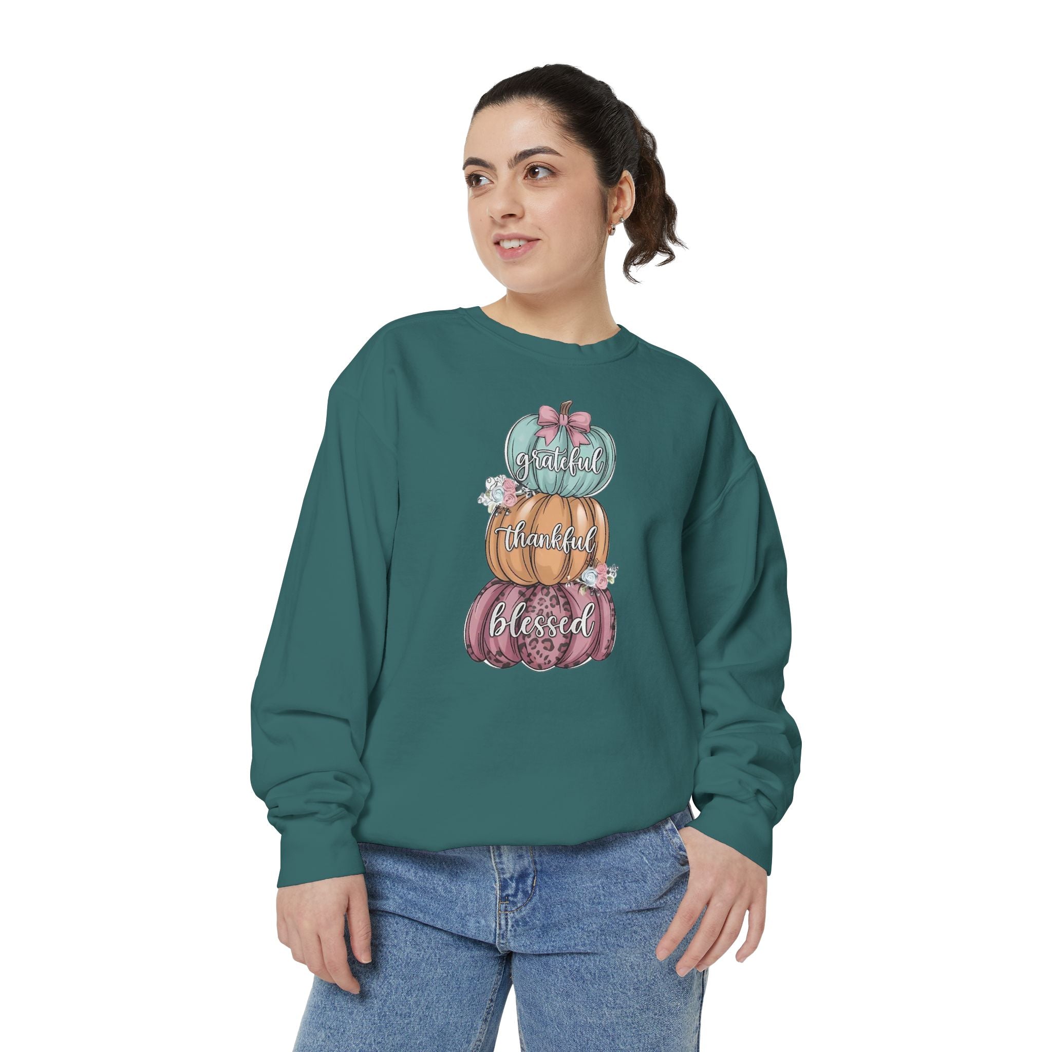 Pumpkin Stack Sweatshirt — Grateful, Thankful, Blessed