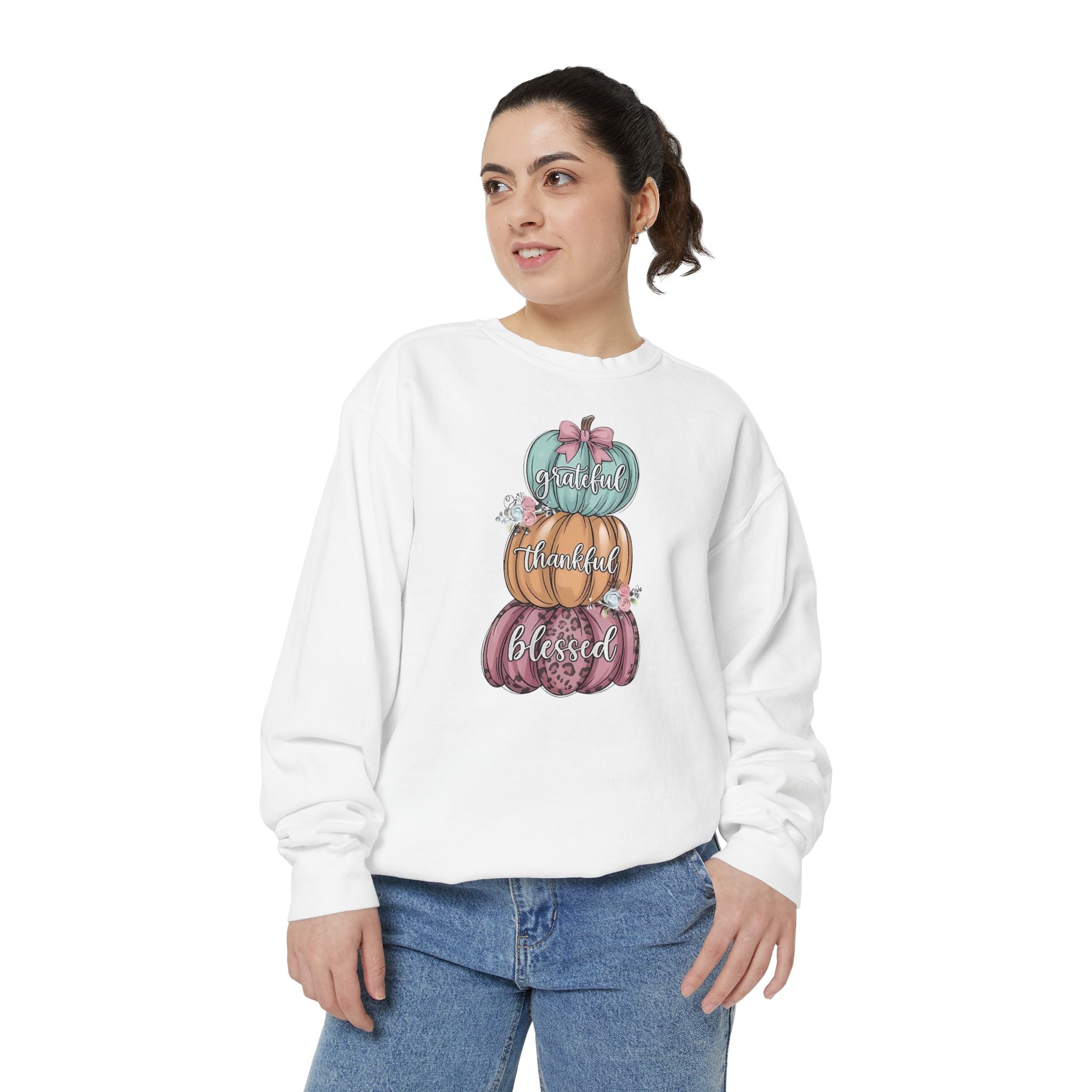 Pumpkin Stack Sweatshirt — Grateful, Thankful, Blessed