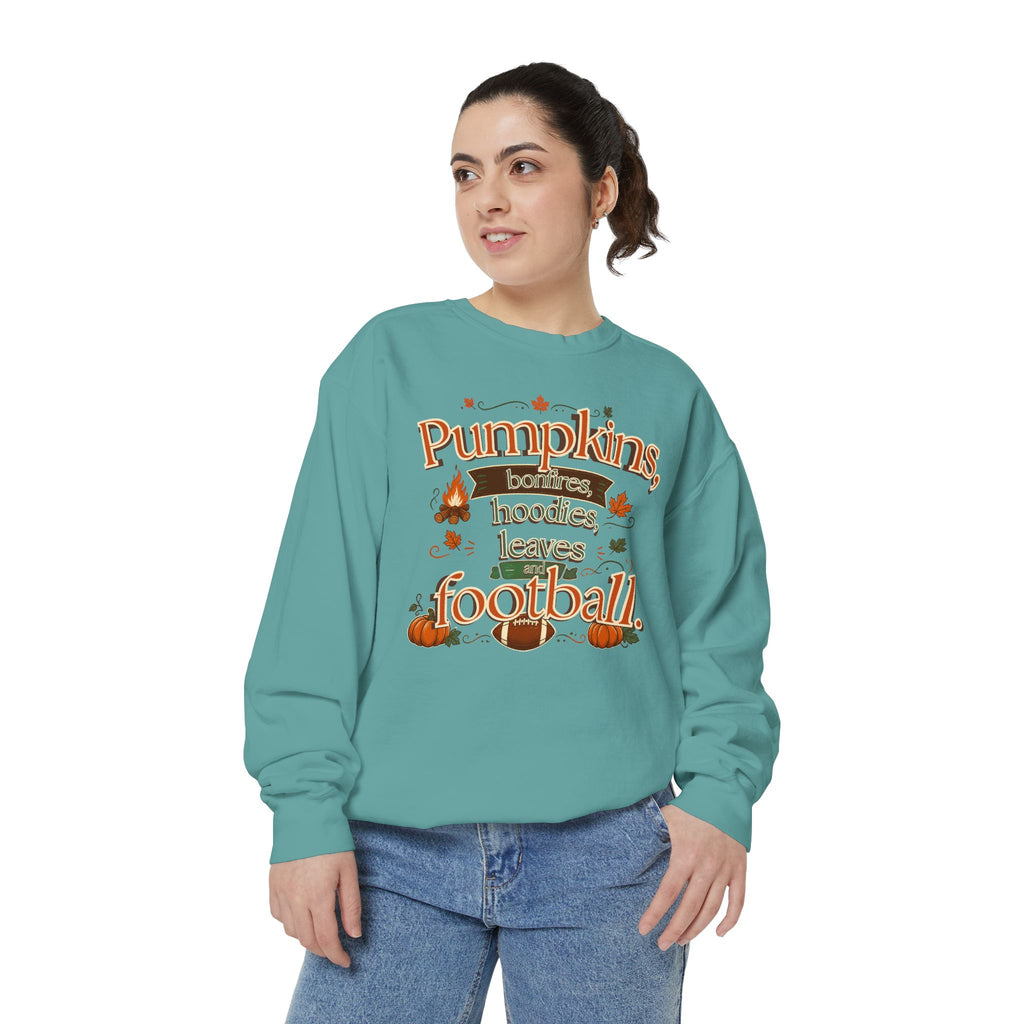 Fall Sweatshirt – "Pumpkins, Bonfires, Hoodies, Leaves, Football" Cozy Autumn Pullover