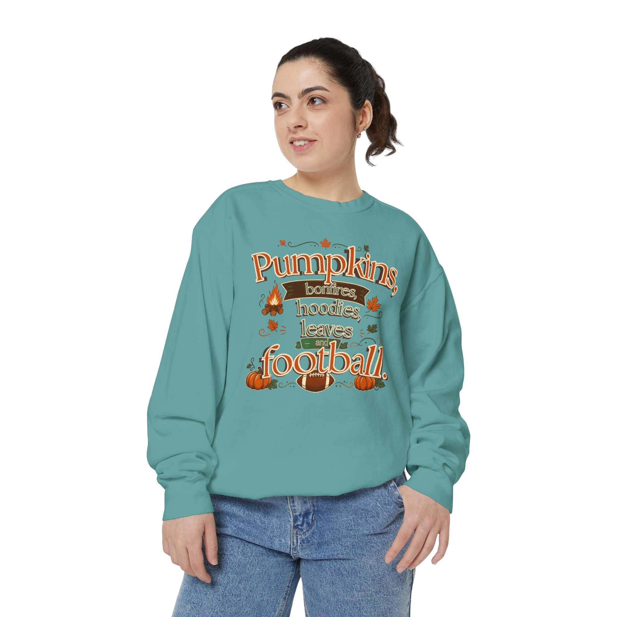 Fall Sweatshirt – "Pumpkins, Bonfires, Hoodies, Leaves, Football" Cozy Autumn Pullover